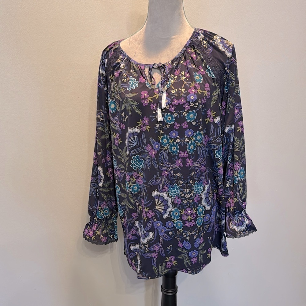 Susan Graver purple blue floral blouse NWT L
